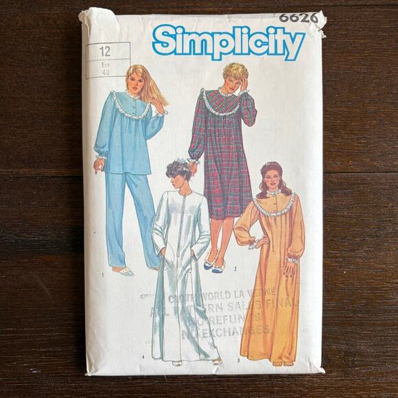 Simplicity Other - Simplicity 6626 VTG Uncut Sewing Pattern Size 12 Nightgown Pajamas and Robe 80s